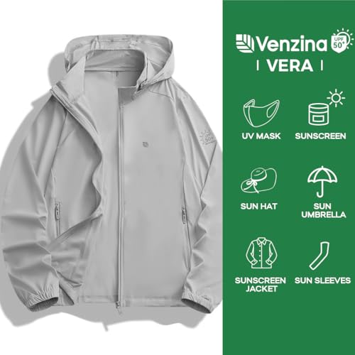 Image of Venzina UPF 50+ Sun Jacket for Men Long Sleeve Zip-up Sun Jacket with Zip Pocket, Removable Hat, Quick Dry Loose-fit UV Protection Clothing for Driving, Riding, Hiking