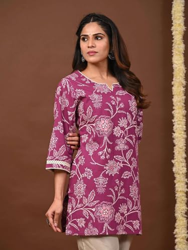 Image of Rimeline Women's Floral Printed Cotton Kurti Top | Round Notch Neck 3 /4 Sleeve Straight Fit Casual Tunic