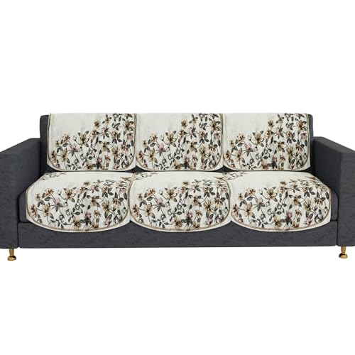 Image of Kuber Industries Velvet 3 Seater Sofa Cover | Cream Side Flower | Sofa Slipcover Set | Sofa Cover for Living Room