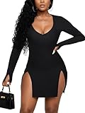 Rooscier Women's V Neck Long Sleeve Split Side Sexy Bodycon Party Mini Dress Solid Black X-Large