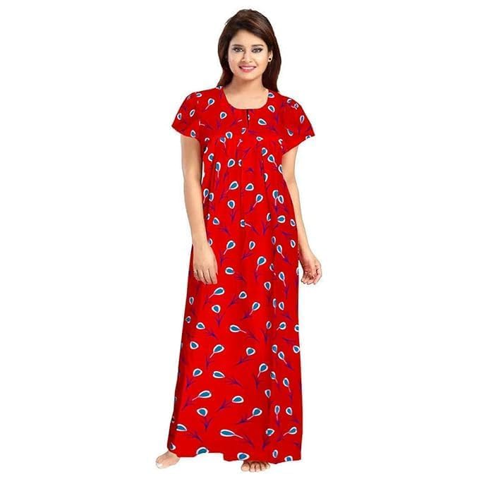 Image of NILOUFO Women's Cotton Printed Maxi Nighty - Pack of 2 | Soft Ankle-Length Sleepwear Gowns for Women | Free Size Night Dresses (Red,Yellow, Free Size)