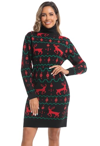 AVACOO Damen Weihnachtskleider Strick Pulloverkleid Strickkleid Rollkragen Langarm Weihnachten Midikleid Schwarz M 38