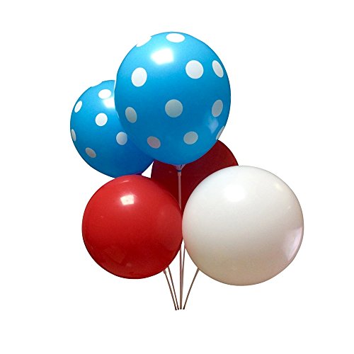 36pcs theme Latex Balloons for Dr. Suess/Baby Shower/Birthday/Cat Hat Party Supplies Decorations(Red&White&light blue Polka Dot Balloons)