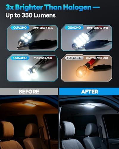 ouaohu 48Pcs Led Interior Car Lights Kit, 6500K White Interior Bulbs Replacement (194 T10 DE3175 W5W 168 578 2825 T5 31mm 36mm 41mm), Dome Map Dash Door Trunk License Plate Lights for Cars Trucks RVs - 4