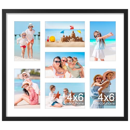 decorUhome 15x17 Picture Frames Collage Wall Decor, Display 7Pcs 4x6 Photos with Mat or 1Pcs 15x17 Unmatted, 7 4x6 Collage Picture Frames for Wall Mounting, Black