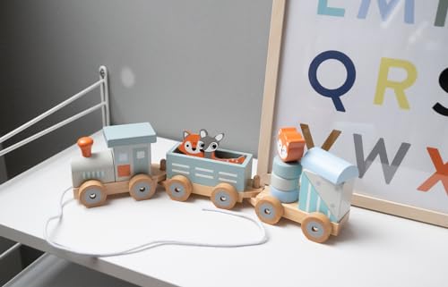 Kindsgut Holz-Eisenbahn, mit Holzbausteinen und Zoo-Tieren, dezente Farben und hochwertige Qualität, Dunkelgrau