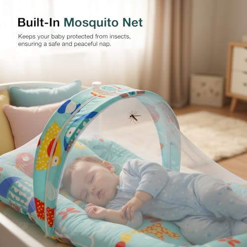 Image of BAYBEE 3 in 1 Baby Bedding Set with New Born Mosquito Net, Bed Mattress & Neck Pillow, Foldable Portable Nest Travel Bed, Baby Gift for Boy Girl (Lite Green)