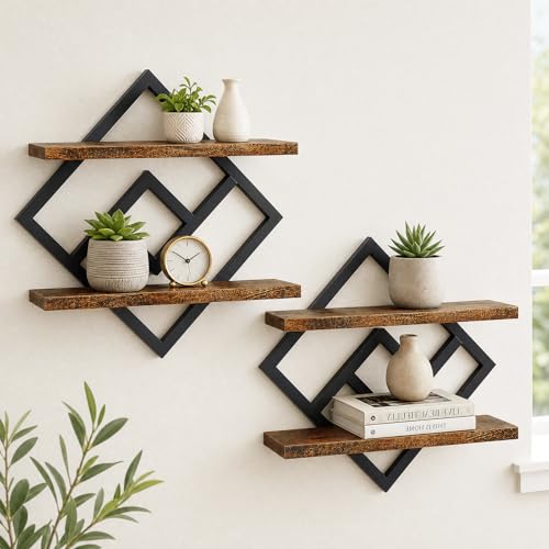Etagere Murale Bois, Lot de 2 Étagère Flottante, Etagère Murale à 2 Niveaux, Étagères Murales Flott… – Vignette