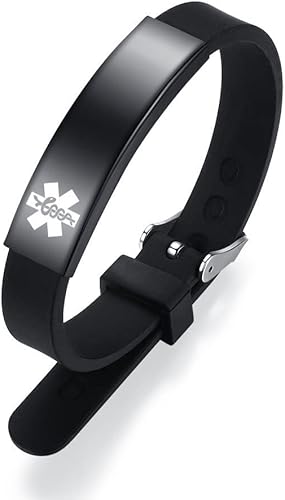 Pulseras de alerta médica para hombres y mujeres, ajustable, grabado, de silicona, para identificación médica, 8.5 pulgadas