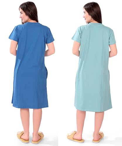 Image of Printed Knee Length Pocket Night Dresses for Women | Cat Lover | Premium Soft Cotton Nighty | Blue and Maroon