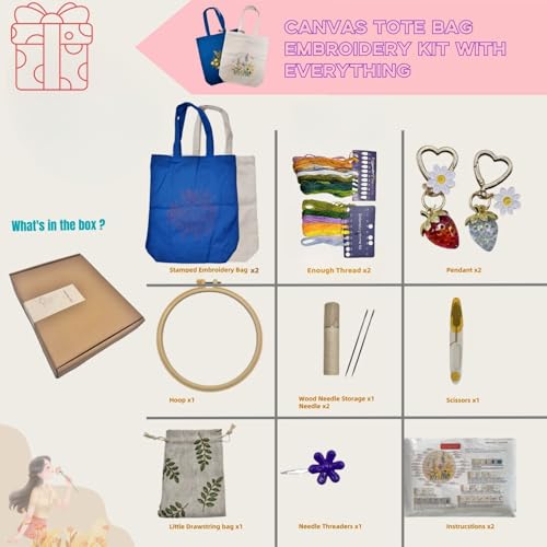 Image of Speedura Embroidery Kit for Beginners - Dual Canvas Tote Bags with Floral Cross Stitch Patterns | Complete Needlepoint Set Includes Hoops, Threads & Step-by-Step Video Tutorial (Beige & Blue Set)