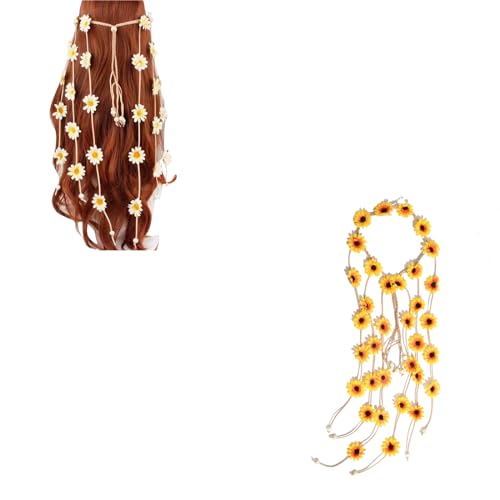 LONG XIN SERIES 2PCS Boho Flower Headband Hippie Headwear Summer Sunflower Hair Accessories Feather Rope Crown Headdres for Bohemian Style Women and Girls