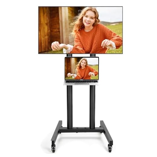 Suporte de TV móvel com rodas base dupla em forma de H para TVs LCD LED 4K de 32 a 60 polegadas, carrinho portátil de piso de TV móvel com prateleira de laptop com altura de 45 kg ajustável VESA máx.