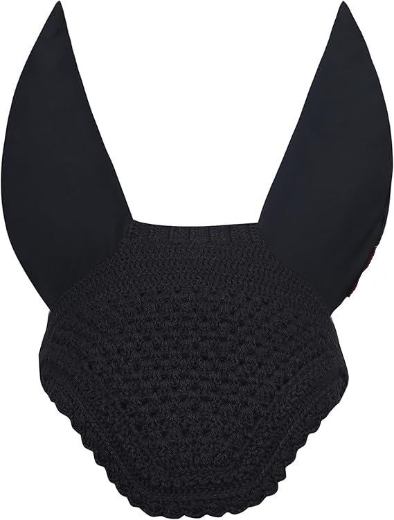 Horse Ear Net Crochet Bonnet with Soft Cotton Ear Covers Fly Protection for Sensitive Equestrain (Black, X- Large)