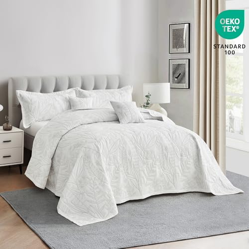 Image of HZ & HY Botanical Oversized Queen Bedspread, Stitched Leaf Quilt Set Queen Size, Lightweight Reversible Coverlet, Tailored Edge - Soft Neutral Look, 5 Piece, White /Taupe