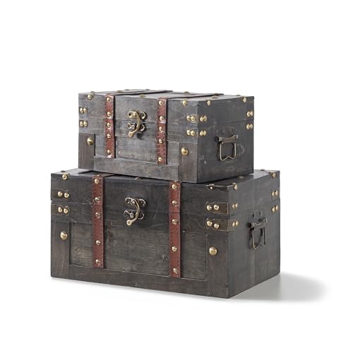 Soul & Lane Vintique Wooden Chest Duo - Elegant Wood Storage Trunks with Lids & Vintage Charm (Set of 2), Antique Versatile Organizational Decor for Home, Office