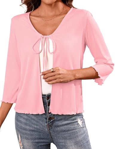 Image of Aiboria Women's Tie Front Shrug 3 /4 Sleeve Ribbed Bolero Lightweight Cropped Cardigan S-XXL