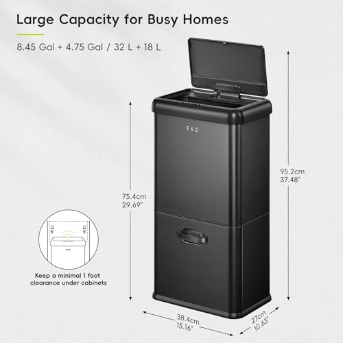 Image of EKO Vintage 50L / 13.2 Gallon Motion Sensor Trash Can, Dual Compartment 32L + 18L Stainless Steel Kitchen Garbage Bin, Touchless Automatic Waste & Recycling Bin with Lid for Home Office, Matte Black
