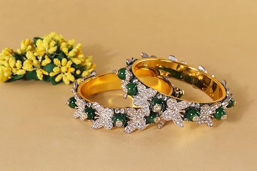 Image of LAVAZZA Stylish Butterfly Design Golden Metal with Zircon Diamond & Pearls Moti Bangles Kada For Women & Girls | Traditional Girl's Bangles Bracelet | Women's Kangan Wedding, Party-Set of 2