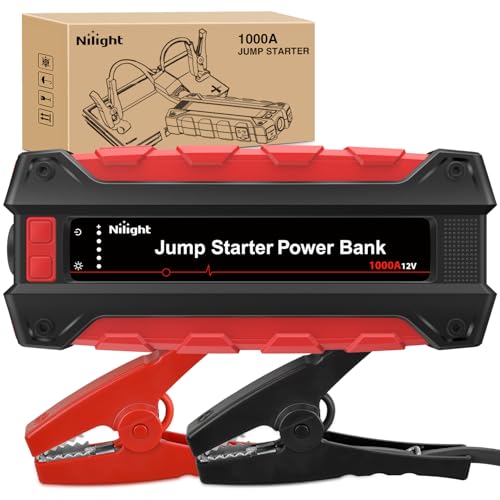 Nilight 1000A Car Battery Jump Starter for Up to 6.0L Gas & 4.0L Diesel Engines 12V Portable Jump Start Booster Pack Jump Box with Jumper Cables DC Output and LED Light