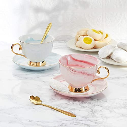 3-Piece Pink Marble Tea Cup And Saucer Gift Set For 1, 7 Oz Teacup With Gold Spoon #TOP2