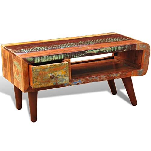 vidaXL Antique Coffee Table, Handmade with Curved Edge, 1 Drawer, Purely Handmade, Made from Reclaimed Wood, Wooden Vintage Decor for Living Room4