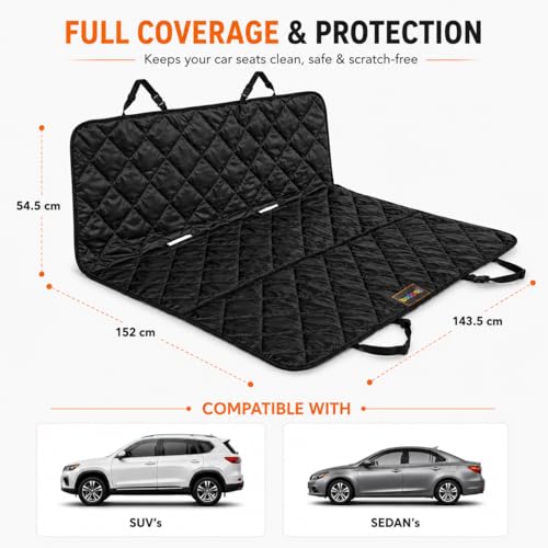 Image of Waterproof Dog Car Seat Cover for Back Seat - Non-Slip Travel Hammock with Headrest Straps & Anchors, Scratchproof Polyester Protector for Dogs & Cats, Fits SUVs & Sedans- 56.5x60 in - Black