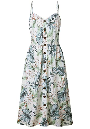 Image of YMING Womens Summer Spaghetti Strap Dresses Button Down Floral Sundress High Waist Swing Midi Dress with Pockets
