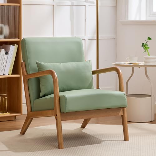 Mid Century Modern Leather Accent Chair with Lumbar Pillow
