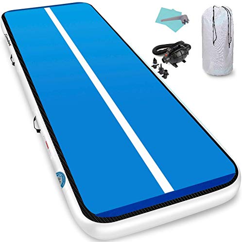 Furgle Colchoneta de Gimnasia Inflable Pista de Aire Colchoneta Colchoneta de Yoga Colchonetas de Ejercicio con Bomba de Aire eléctrica (Gris + Azul, 300x100x10cm)