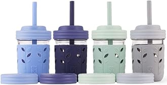 Kids + Toddler Glass Cups | The Original 8oz Glass Mason Jar with Sleeves + Lids | Silicone Straws + Stopper | Smoothie Cup | Food Storage | Spill Resistant | Dishwasher Safe | 4 Pack