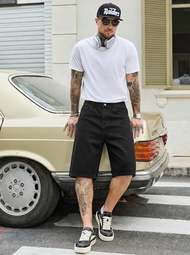 Image of PLEPAN Mens Super Baggy Jean Shorts 12 inch Vintage Loose Fit Wide Leg Long Jorts Y2K Streetwear Below Knee Denim Shorts