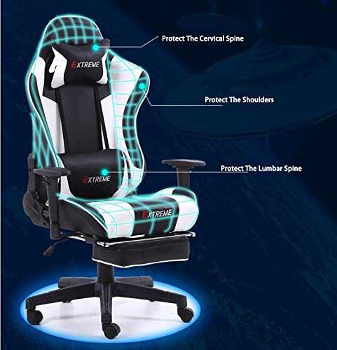 Fotel gamingowy w stylu wyścigowym - Fotel gamingowy na PC z podparciem lędźwiowym Obrotowy fotel biurowy Fotel biurowy dla dorosłych z chowanym podnóżkiem Regulowana poduszka lędźwiowa Wygodna