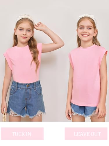 Image of Haloumoning Girls Cap Sleeve Tops Summer Crewneck Tank Tops Cute T-Shirt Blouse 5-14 Years