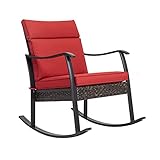 NUU GARDEN Rocking Chair Outdoor Rocking Chair with 2.36' Thick Cushion, Heavy Duty Aluminum Frame and Handwoven Rattan Seat for Patio, Garden, Backyard and Balcony, Black and Red