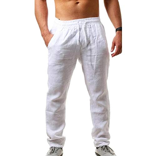 Annystore Fashion Mens Linen Pants Lightweight Elastic Waist Yoga Pants Casual Loose Fit Beach Trousers White