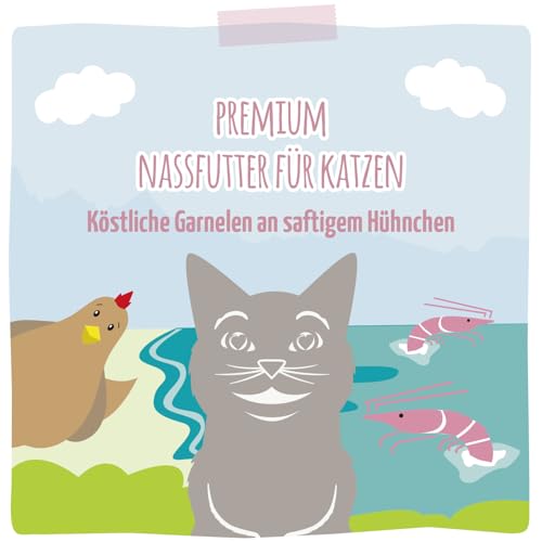 MjAMjAM - Premium Nassfutter für Katzen - köstliche Garnelen an saftigem Hühnchen, 6er Pack (6 x 400 g), getreidefrei mit extra viel Fleisch