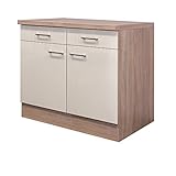 Flex-Well Unterschrank NEPAL - Küchenschrank - 2-türig - 2 Schubladen - Breite 100 cm - Creme glänzend/Eiche Sonoma