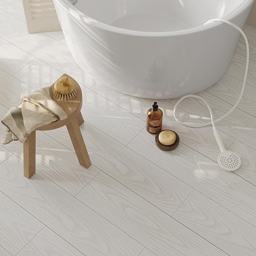 Vinylboden Selbstklebend PVC Bodenbelag Selbstklebend Fliesen Vinyl Holzoptik Bodenaufkleber Wasserdicht Verschleißfest für Küche Wohnzimmer Badezimmer Weiß Holz 15X90cm