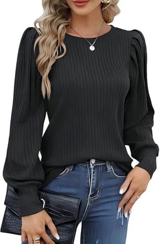 HOTOUCH Tops for Women Puff Sleeves Round Neck Jumper Autumn Long Sleeve Sweaters Lightweight Grey XL