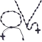 Komi Black Knotted Rosary & Bracelet Set - Handmade Catholic Cord Beads Necklace & Bracelet Set - Lightweight and Durable