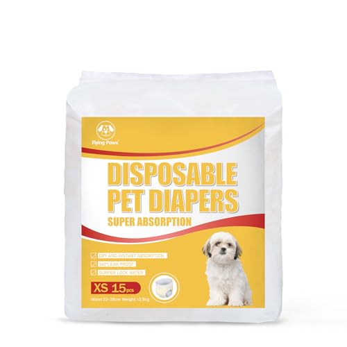 Flying Paws Hunde Windeln, 15 Stück XS Anziehbare Einweg-Hundewindeln für Hündinnen - Rüdenwindeln mit 360° elastischem Bund XS-15