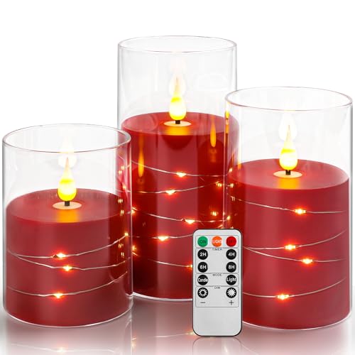 Da by Rote LED Kerzen mit Fernbedienung Timer Batteriekerze mit Lichterkette, Plexiglassäule 10cm/12,5cm/ 15 cm realistische LED kerze Säulenkerze