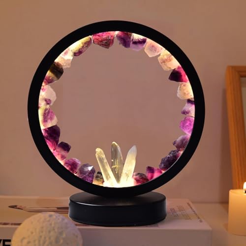 Image of AMOYSTONE Natural Purple Fluorite Crystal Night Light, USB Rechargeable 3-Color Adjustable Lamp 7.5 inch, Bedside Meditation Lamp for Bedroom Office Home Decor