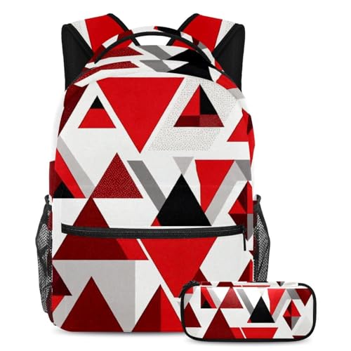 Sac à dos avec trousse à crayons géométrique rouge pour aller au lycée et à l'université
