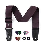 Durable and comfortable classic cotton strap 2" wide. Black adjustable buckle and connector, please feel free to adjust the length from 90cm to 153cm. 6 picks and 2 rubber strap buttons, there is a pocket at the top of the strap for easy access to pi...