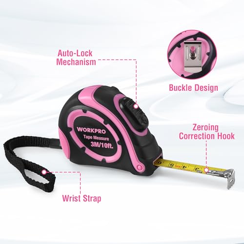WORKPRO Tape Measure 10 FT, 3 Pack Easy Read Metric & Imperial Scale Measuring Tape, Auto-Lock Retractable Small Measurement Tape, Belt Clip, Rubber Protective Casing - Pink Ribbon by WORKPRO - Image 6