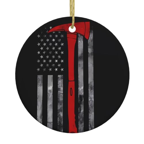 HJFCZH Firefighter Axe Red Line Flag Picture Christmas Tree Ceramic Hanging Round Pendant - 2.9 in Exquisite and durable