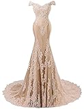 HUINI Brautkleider Abendkleider Meerjungfrau Lang Spitze V-Ausschnitt Damen Off-Schulter Cocktailkleider Fischschwanz Champagner 38