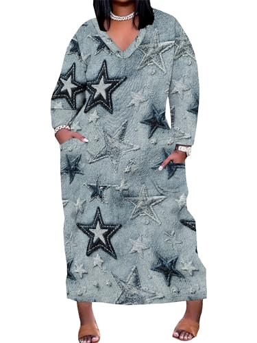 Image of SUZONANA Plus Size Denim Print Maxi Dresses for Women Casual V Neck Short Sleeve with Pockets Soft Jean Look Dress XL-6XL